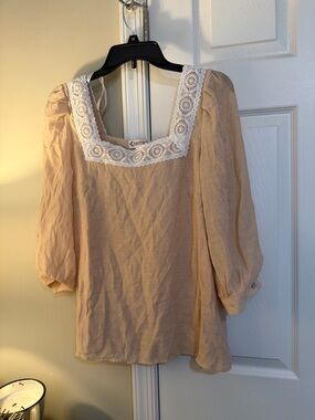 Women's beige Lace-Trim Square-Neck Blouse